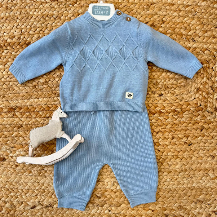 Completo neonato in cotone azzurro con lavorazione a rombi