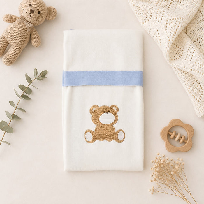 Completo neonato in cotone e lana azzurro bianco e beige visto posteriormente con bottoni sulla maglia
