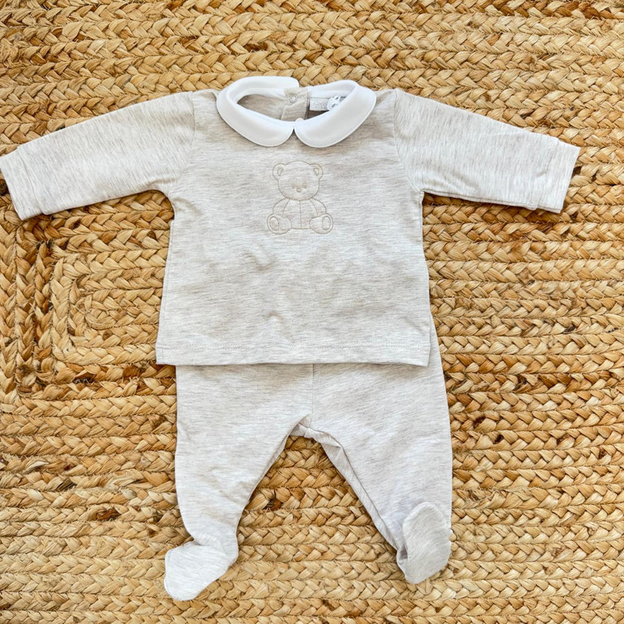 Completo neonato unisex in 100% cotone con ghettina e ricamo orsetto
