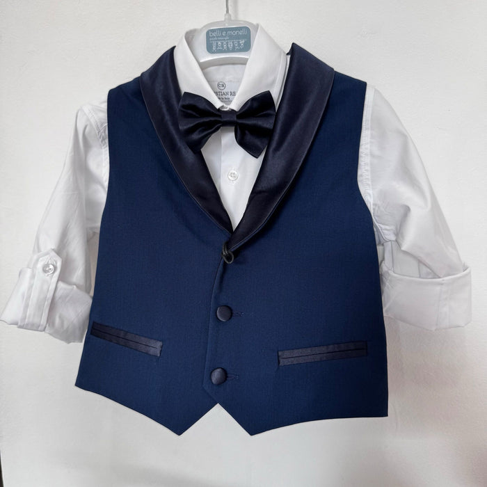 Completo elegante da paggetto per bambino con gilet blu e papillon
