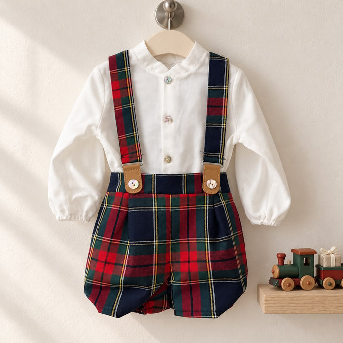Completo salopette natalizio bimbo Calamaro Baby con camicia bianca e pantaloncini tartan rossi, verdi e blu con bretelle