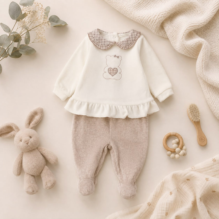 Completo nascita neonata in ciniglia panna e beige con orsetto