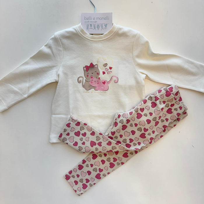 completo bambina cotone gattini e leggings cuori