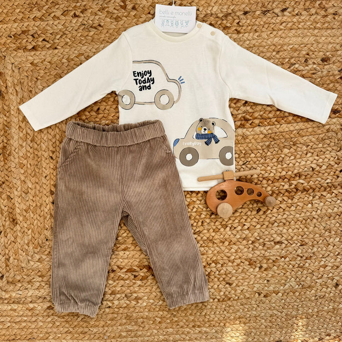 completo bambino con maglia panna stampa orsetto e pantalone velluto beige