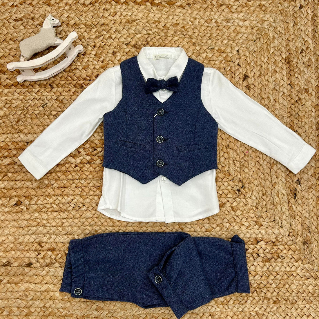 completo elegante bimbo blu con gilet e papillon