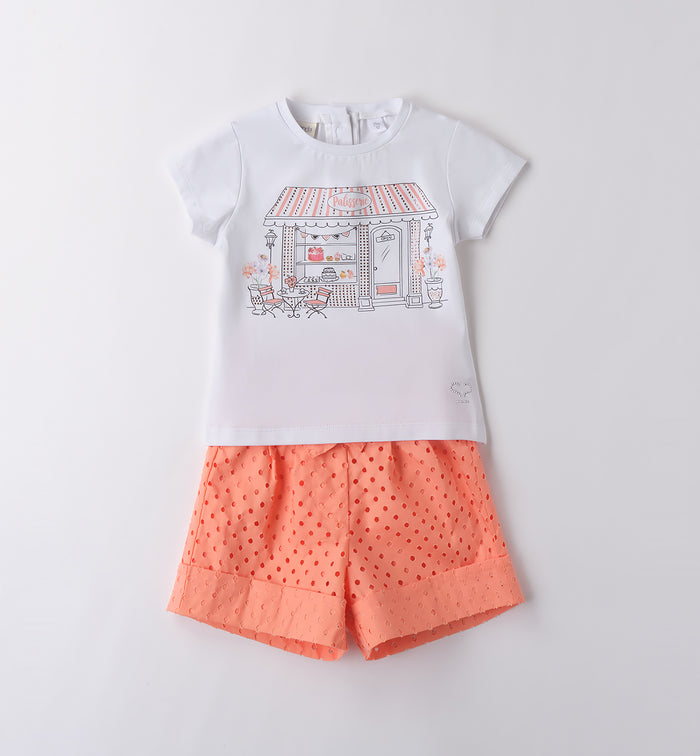 Coordinato estivo bambina con t-shirt stampa pasticceria e shorts corallo traforati