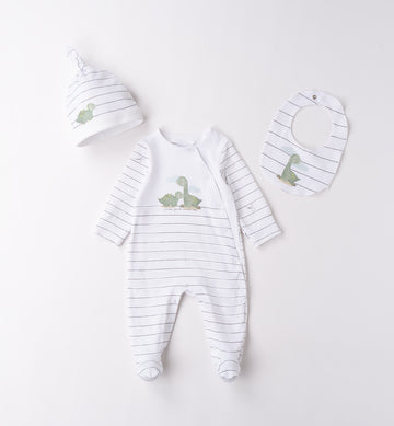 Coordinato neonato dinosauro: tutina, cappellino e bavaglino fronte