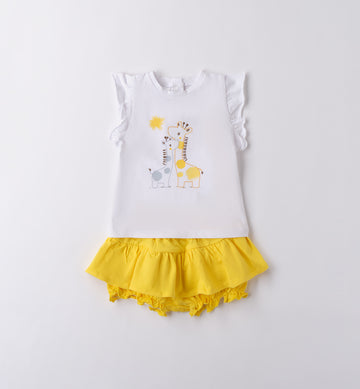 Coordinato neonata con maglia giraffe e gonnellina gialla con pantaloncino