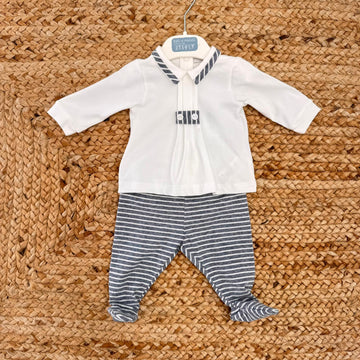 Coordinato neonato in cotone con camicetta colletto a righe e pantaloni piedini – perfetto per primo cambio ospedale