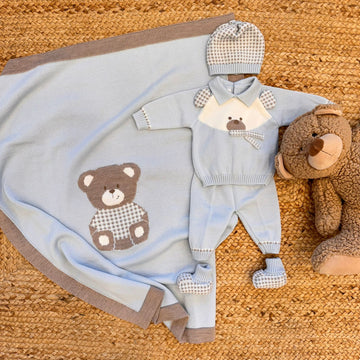 Coordinato nascita neonato azzurro tortora in lana con copertina e peluche