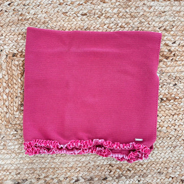 Copertina neonata rosa fragola con bordo in ciniglia per corredino nascita invernale