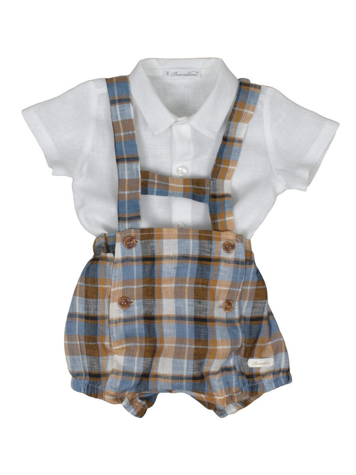Completo Due Pezzi Bimbo Con Salopette E Camicia In Lino