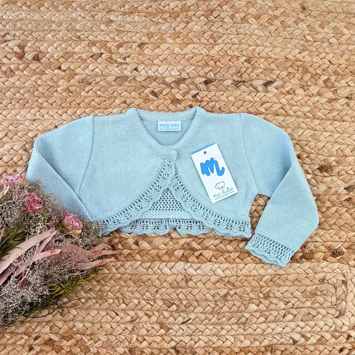 Coprispalle neonata azzurro polvere con lavorazione traforata frontale