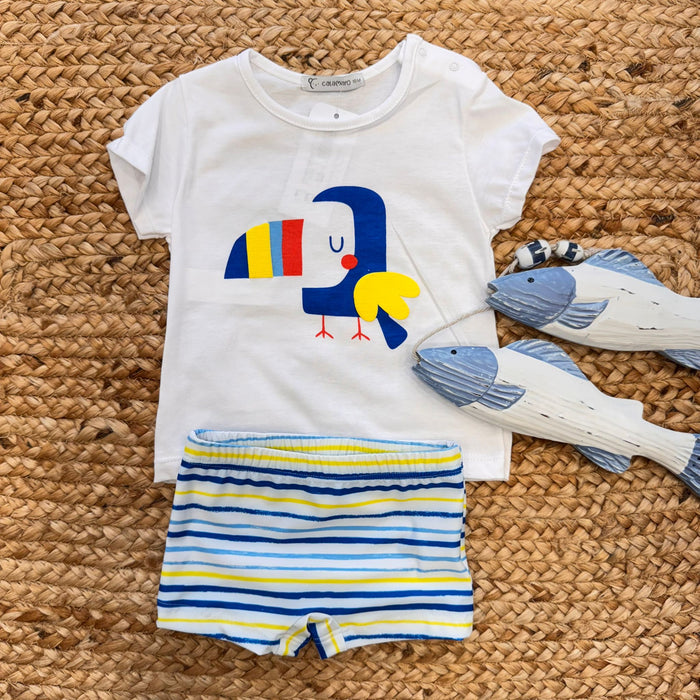 Costume mare bambino con t-shirt pappagallo e boxer rigato