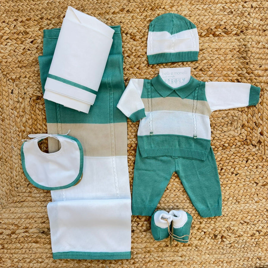 Set nascita neonato in cotone verde sedano e panna