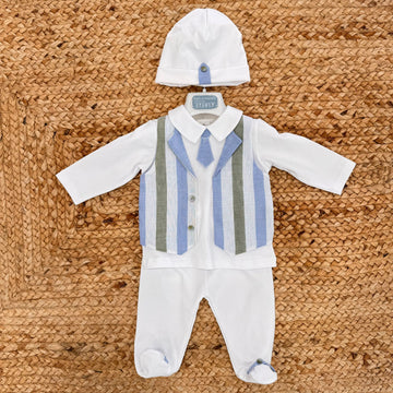 COMPLETINO NEONATO IN COTONE CON GILET RIGATO E CRAVATTINO