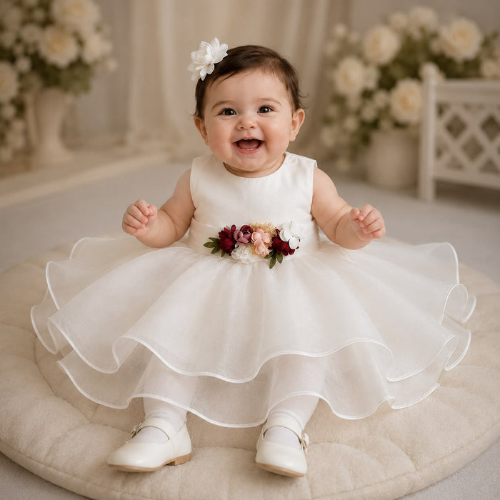 Abito in organza con cintura fiori