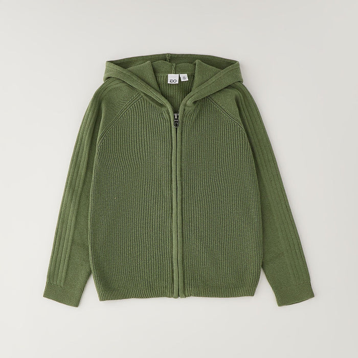 Felpa verde bimbo con cappuccio e zip frontale in lavorazione a maglia