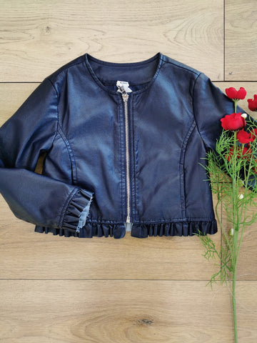 Giubbotto ecopelle blu bambina con zip e volant