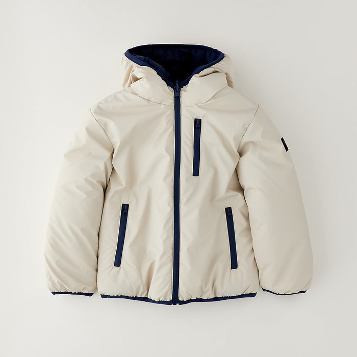 Giubbotto reversibile bimbo beige con cappuccio e dettagli blu