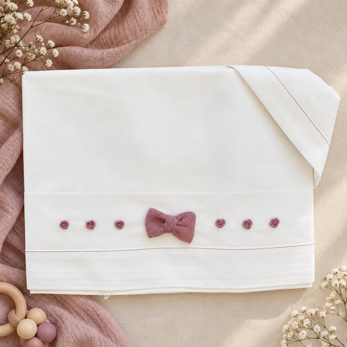 Completo lenzuola neonata in cotone bianco con fiocco rosa Marsala per baby culla