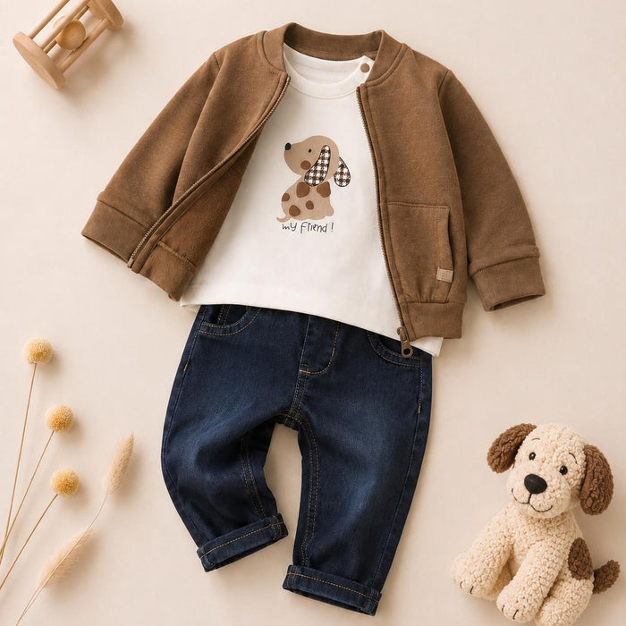 Completo bambino con giacca marrone, maglia bianca con cagnolino e jeans blu
