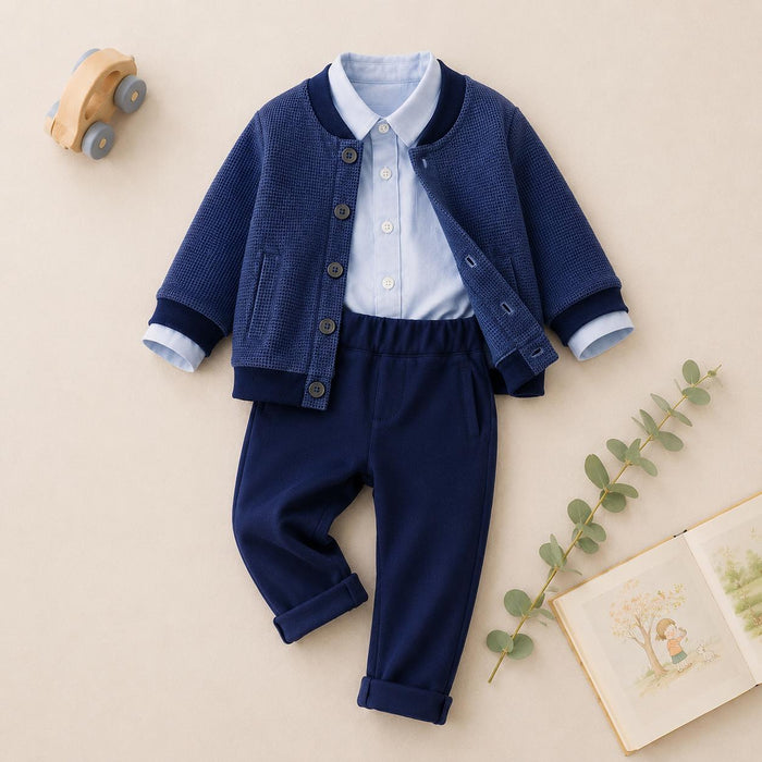 Completo bambino con cardigan blu, camicia celeste con colletto e pantalone blu