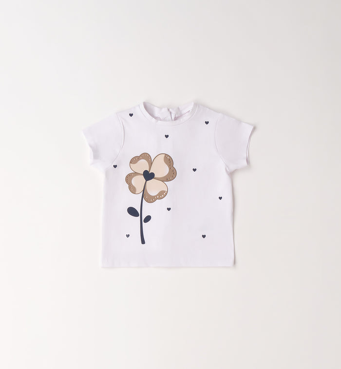 Maglia bimba bianca con fiore decorativo e cuoricini in cotone elasticizzato