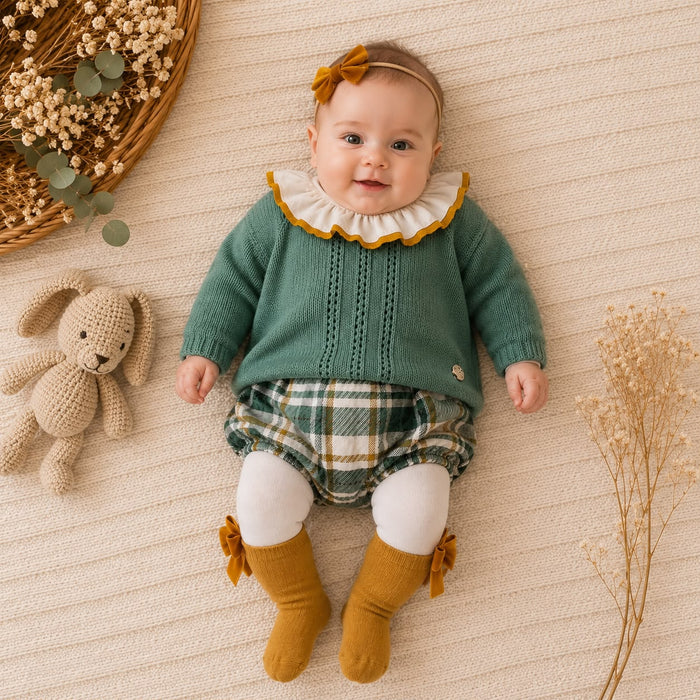 Completino bimba con maglia verde salvia e culotte scozzese Juliana Baby Clothes.