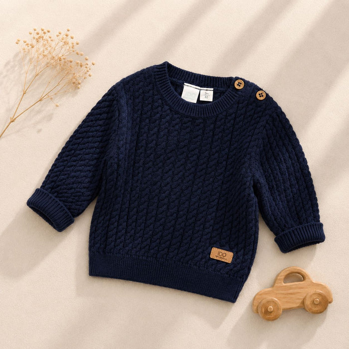 Maglioncino bimbo blu navy in maglia lavorata a trecce con bottoni sulla spalla