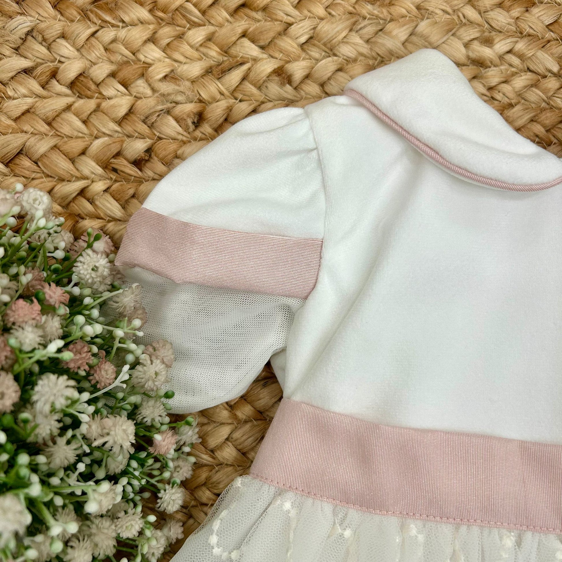 maniche in tulle e fascia rosa cipria abito cerimonia bimba