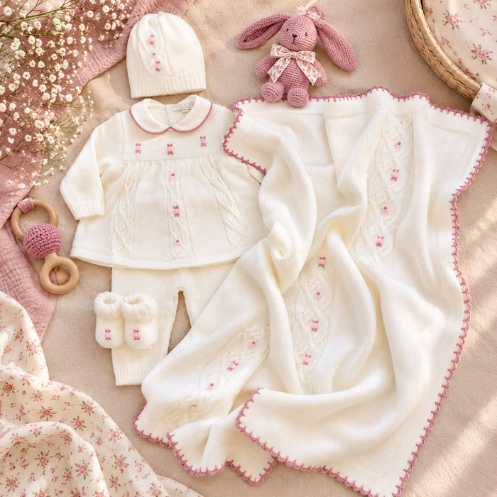 Uscita clinica neonata in pura lana latte e rosa con copertina