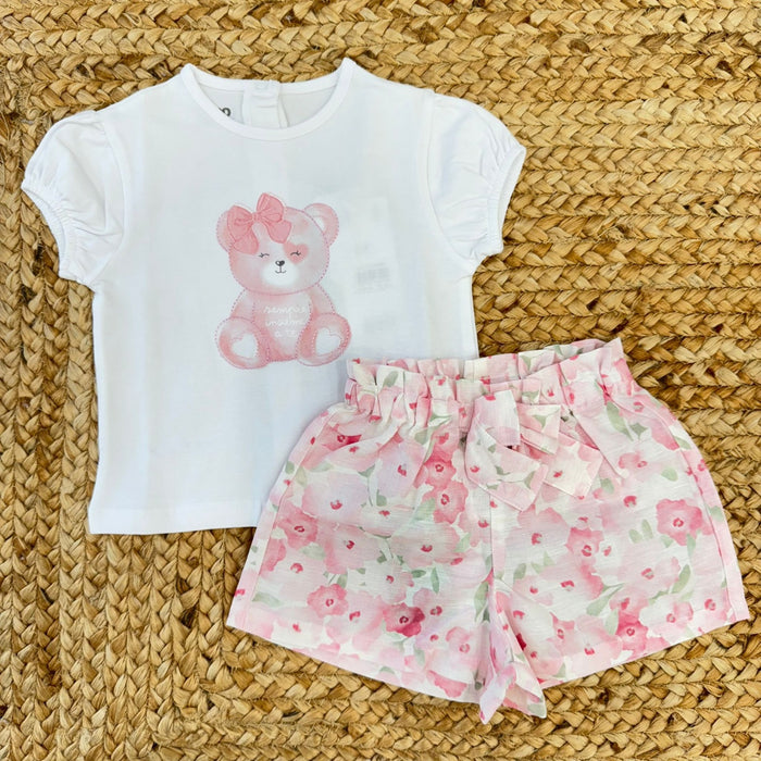 completo bimba estivo con maglia bianca orsetto e pantaloncino floreale rosa