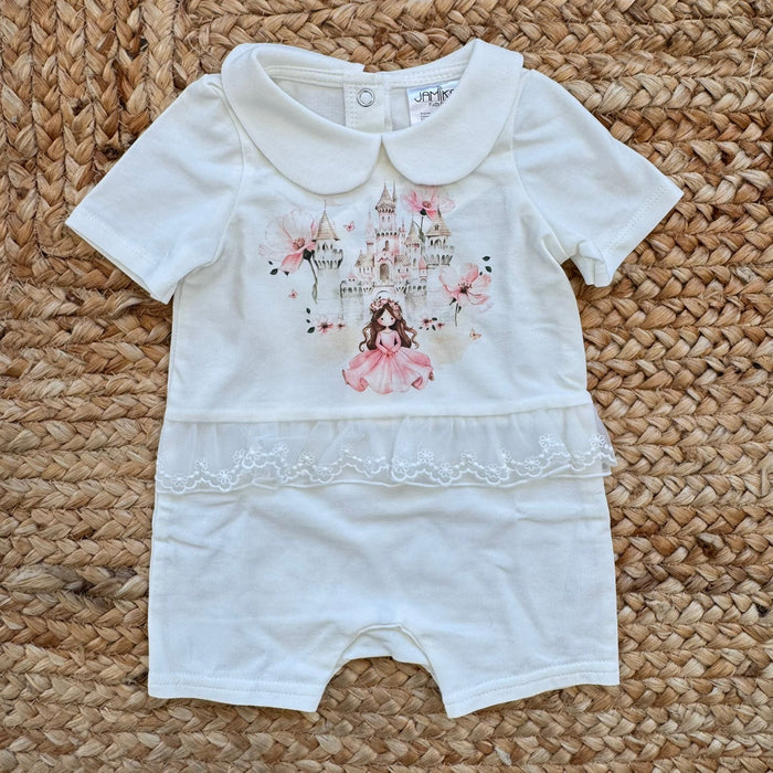 Pagliaccetto bimba in 100% cotone panna con colletto e stampa principessa con castello rosa