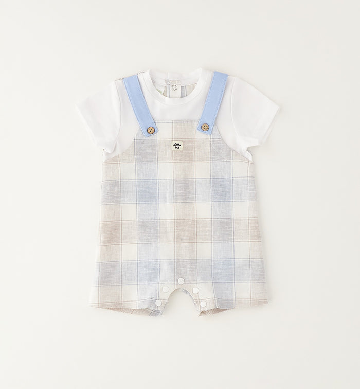 pagliaccetto neonato elegante check azzurro con t-shirt bianca