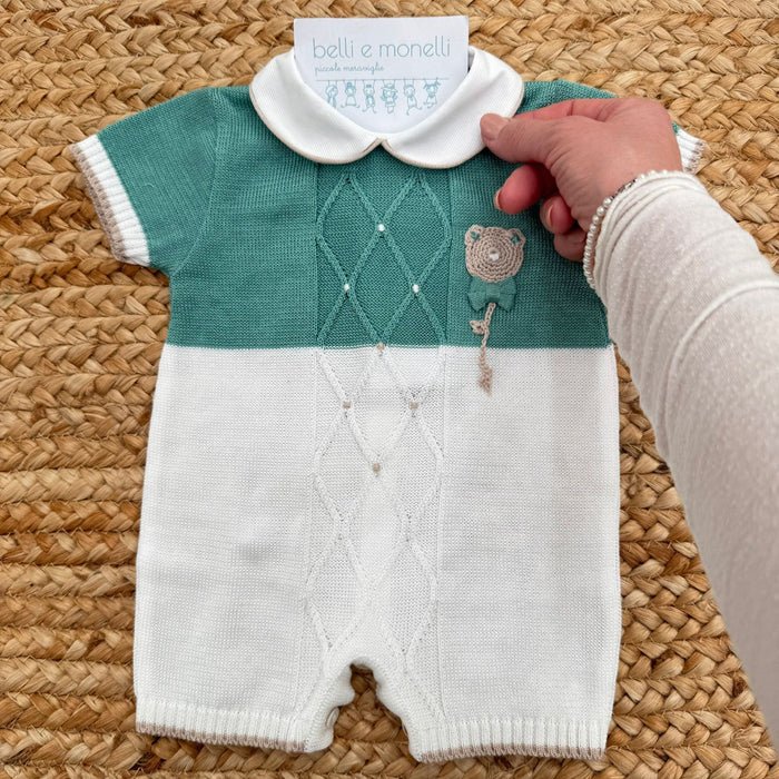 Pagliaccetto neonato verde acqua e bianco in cotone 100% con colletto elegante