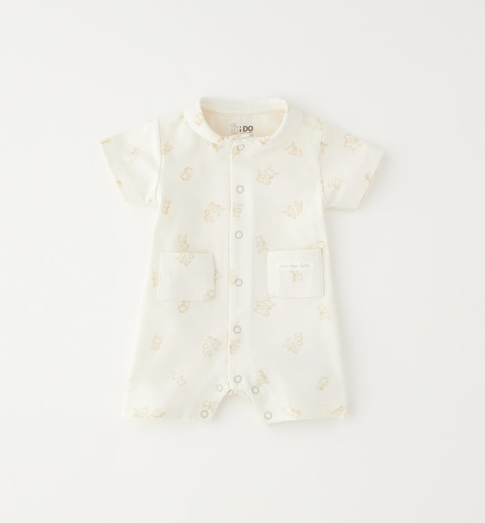 Pagliaccetto neonato in cotone ed elastan panna con stampa orsetti