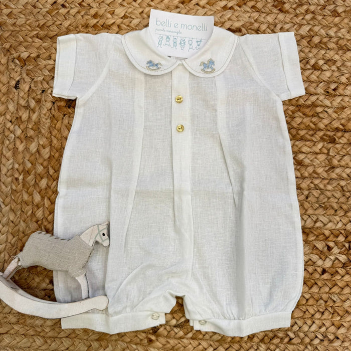 pagliaccetto neonato panna lino cotone con colletto ricamato