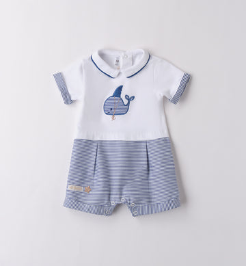 Pagliaccetto neonato bianco e blu con balena ricamata