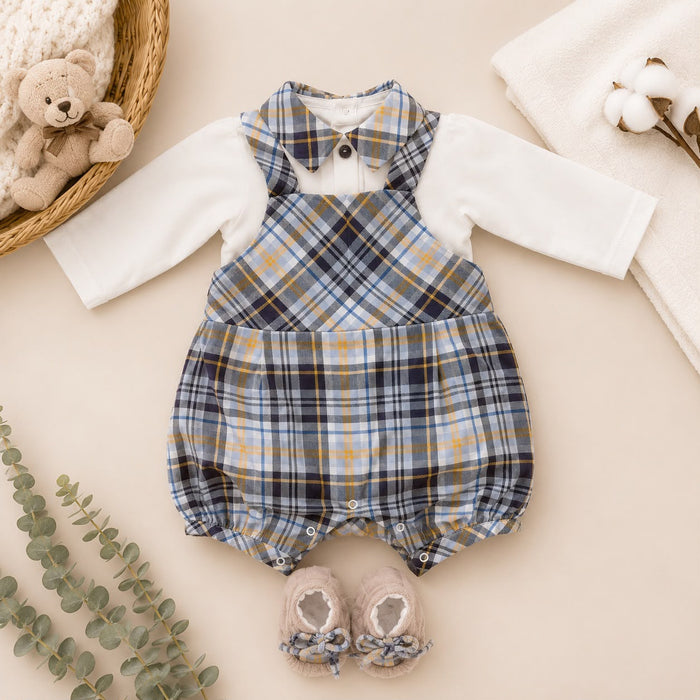 Pagliacetto neonato caldo cotone con fantasia tartan azzurra e marrone