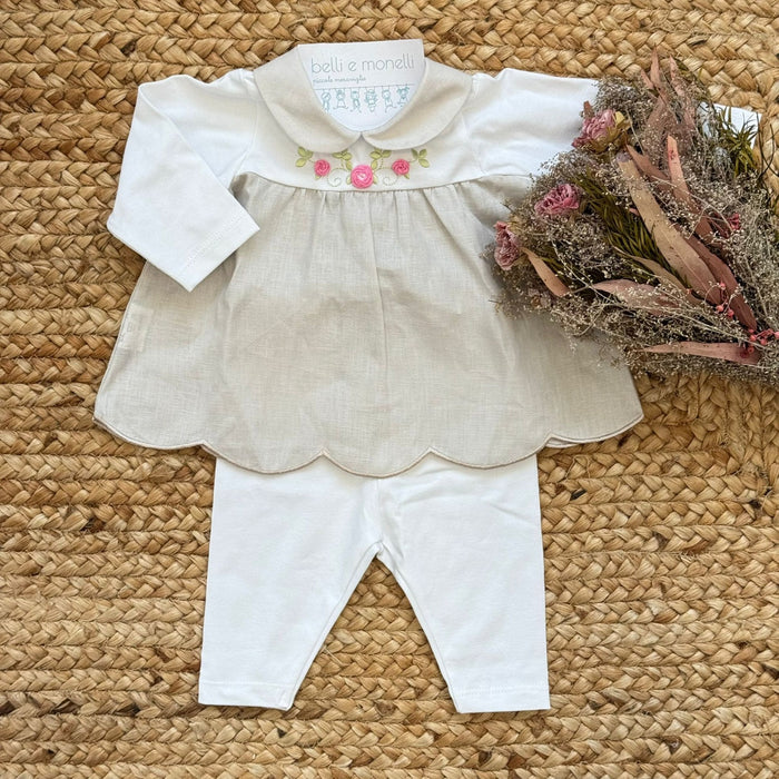 uscita clinica neonata lino e cotone con ricamo roselline