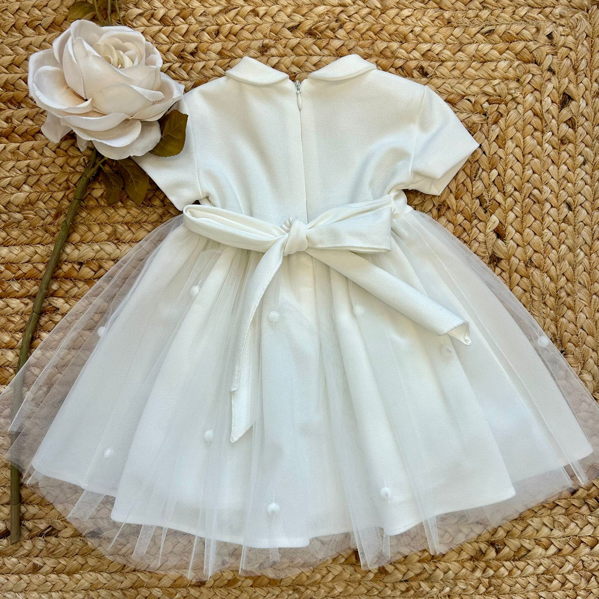 retro abito battesimo bambina con fiocco e zip invisibile