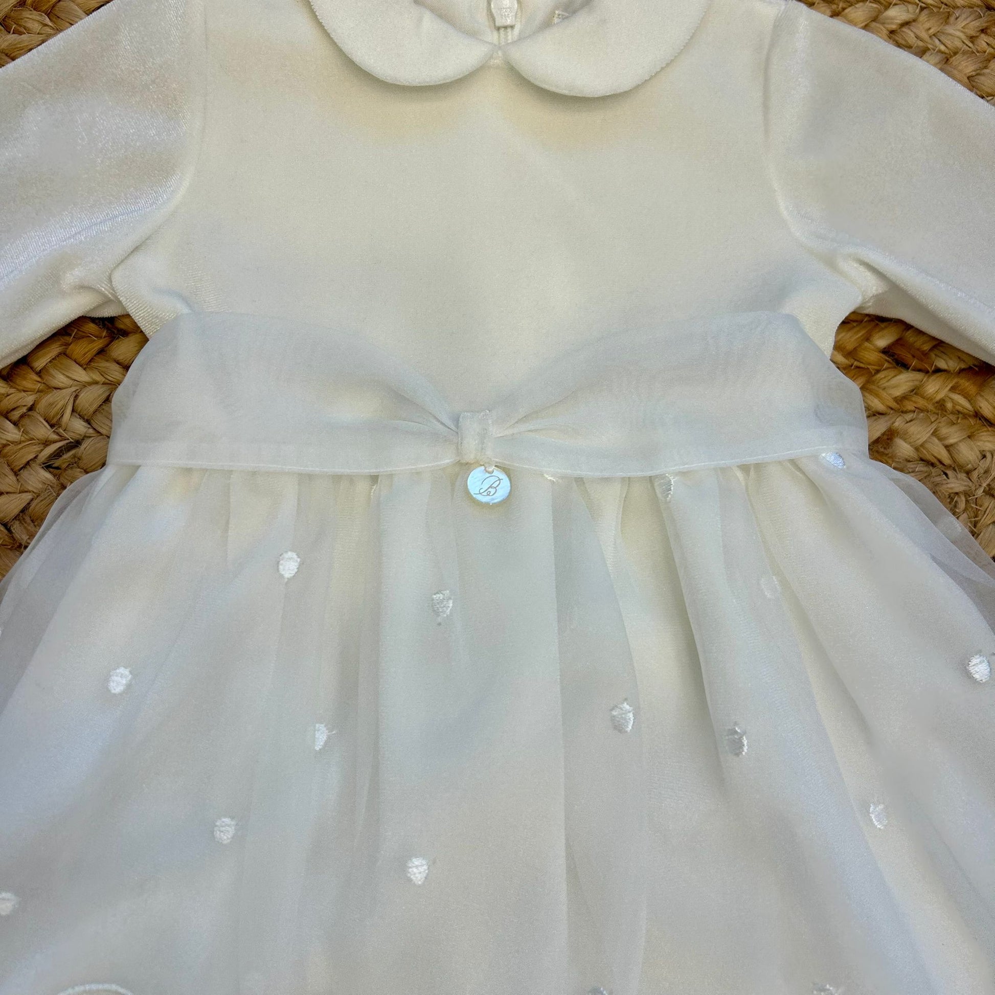 retro abito battesimo bambina con fiocco in organza