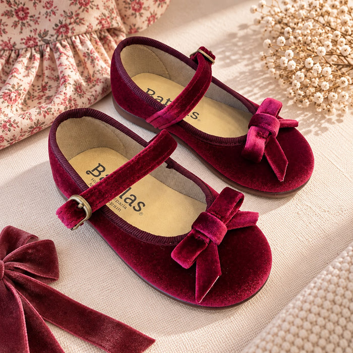 Scarpe Mary Jane bordeaux bambina in velluto con fiocco e cinturino