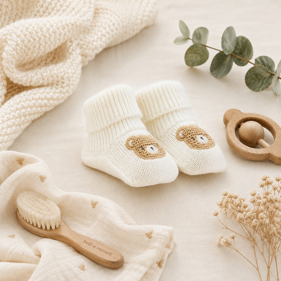 Babbucce neonato unisex in caldo cotone con orsetto