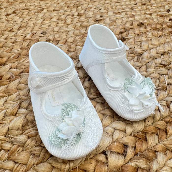 scarpe battesimo bimba con fiore e tulle