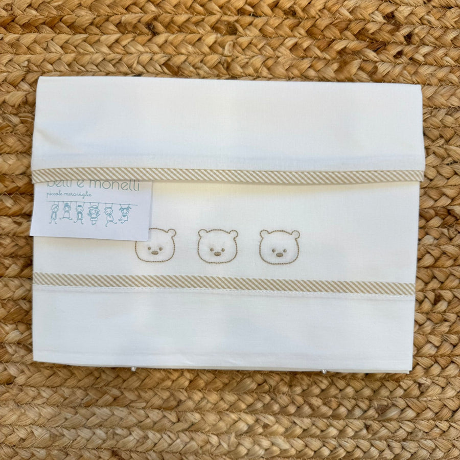 Set Lenzuola baby culla neonato unisex In 100% cotone con ricamo orsetti