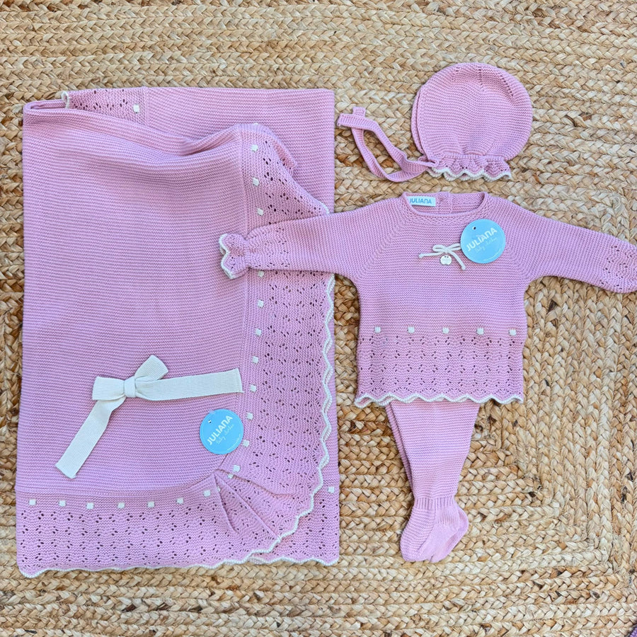 Set nascita neonata rosa con copertina e completo in maglia