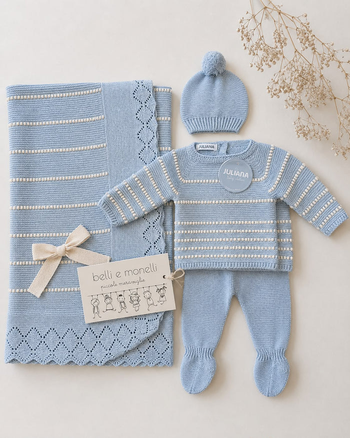 set nascita neonato azzurro Juliana con copertina completino e cappellino