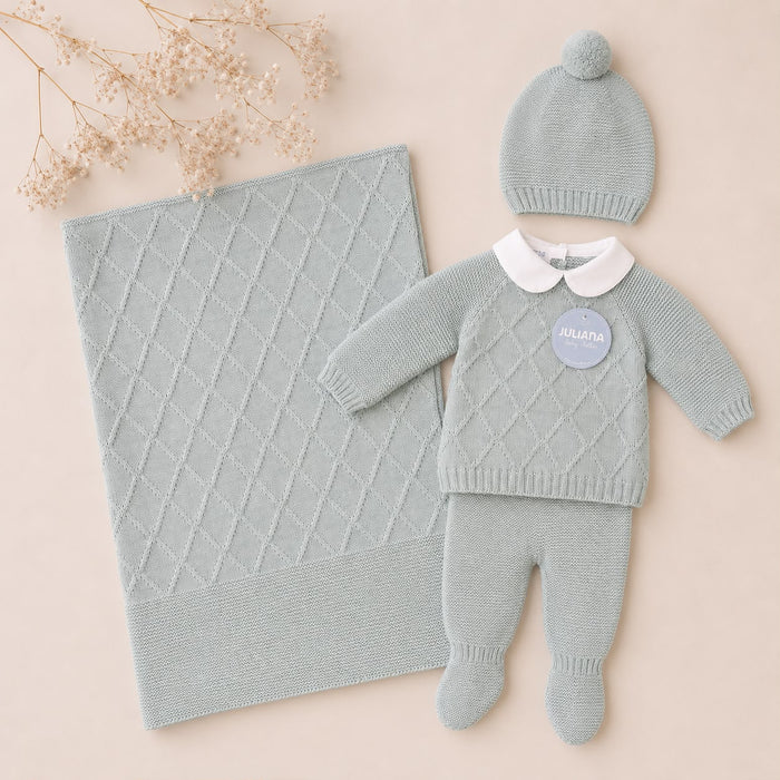 Set nascita neonato verde menta con copertina, maglioncino, pantalone con piedini e cappellino